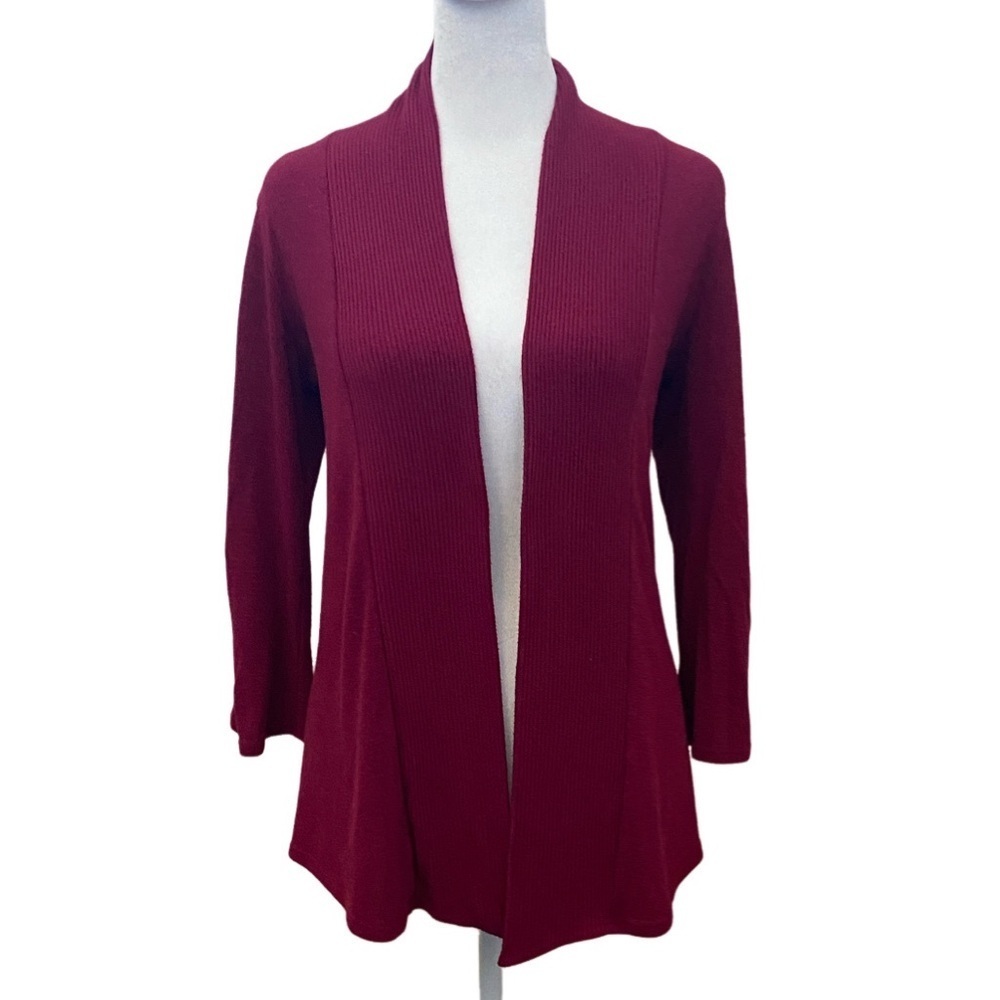 Bobeau Red Open-Front Cardigan. Size SP. Optional Roll Tab Sleeves.